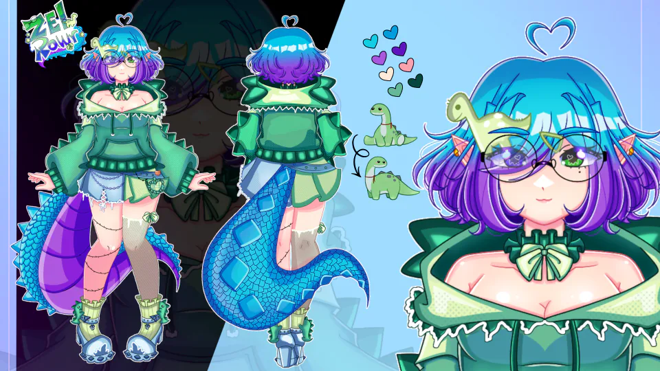 Hoja de referencia de ZelRawr: vistas de cuerpo completo de frente y de espalda, paleta de colores con corazón, la mascota en dos poses y un primer plano del busto, con pelo azul y violeta, gafas redondas, sudadera verde con púas y cola de escamas azules